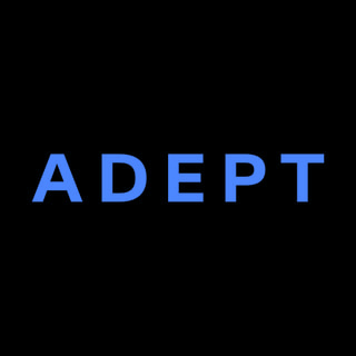 DoomBench-blue rendering of the Adept AI logo against a black background.
