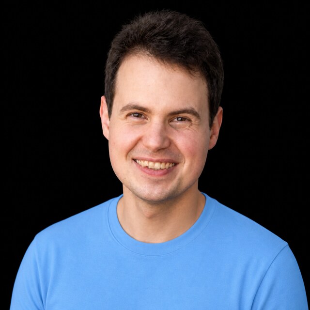 AI-generated portrait of Chris Olah wearing a DoomBench-blue top against a black background.