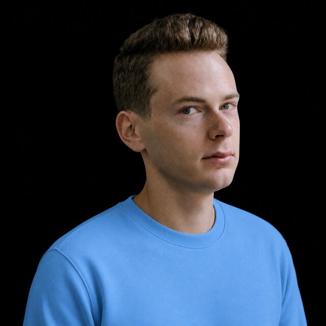 AI-generated portrait of Daniel Gross wearing a DoomBench-blue top against a black background.