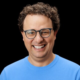 AI-generated portrait of Dario Amodei wearing a DoomBench-blue top against a black background.