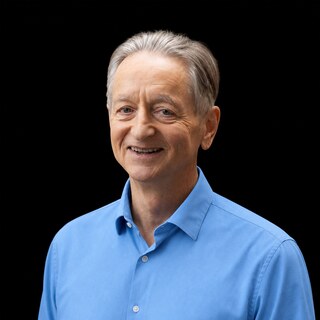 AI-generated portrait of Geoffrey Hinton wearing a DoomBench-blue top against a black background.