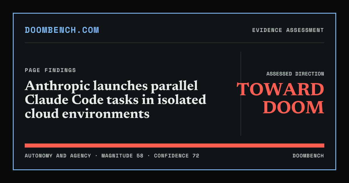 DoomBench social sharing card for Anthropic launches parallel Claude Code tasks in isolated cloud environments.