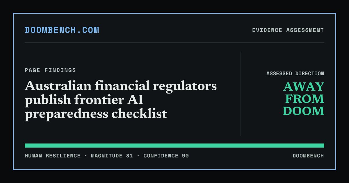 DoomBench social sharing card for Australian financial regulators publish frontier AI preparedness checklist.
