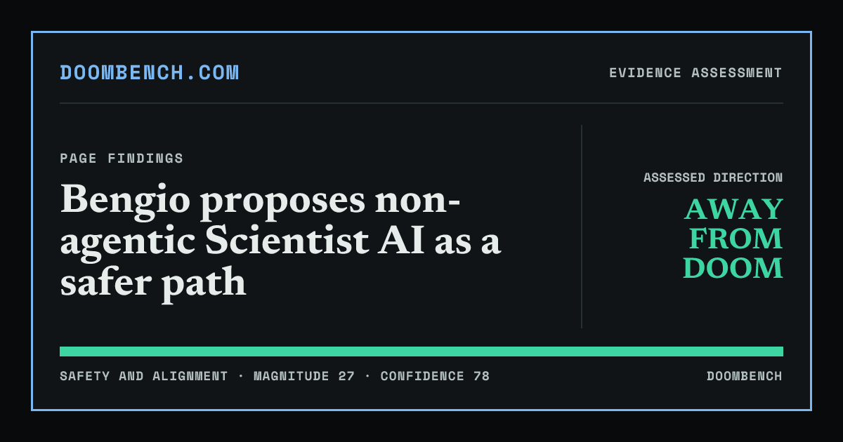 DoomBench social sharing card for Bengio proposes non-agentic Scientist AI as a safer path.