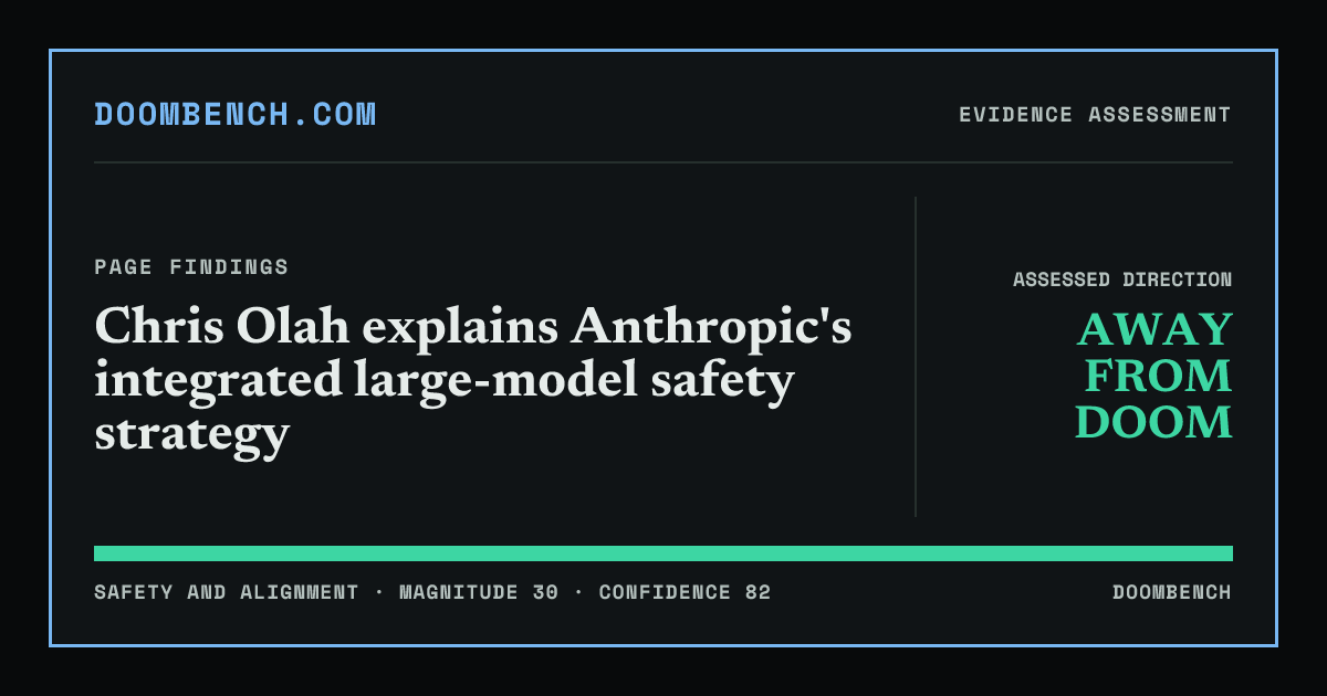 DoomBench social sharing card for Chris Olah explains Anthropic's integrated large-model safety strategy.