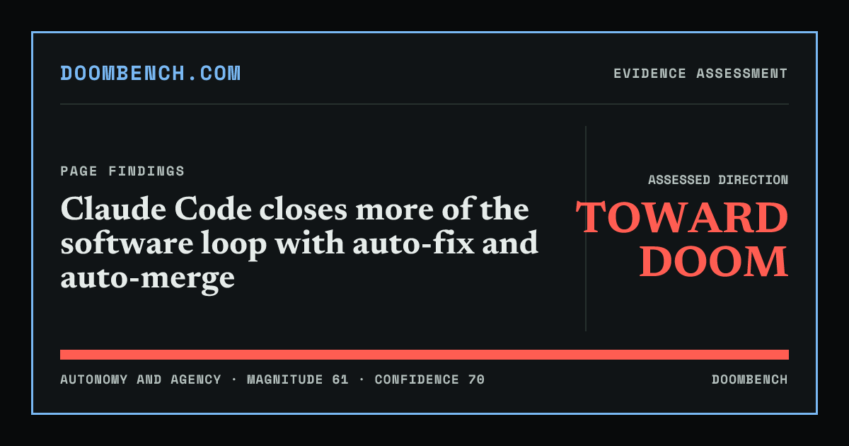 DoomBench social sharing card for Claude Code closes more of the software loop with auto-fix and auto-merge.