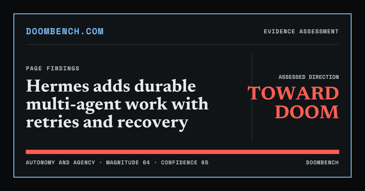 DoomBench social sharing card for Hermes adds durable multi-agent work with retries and recovery.