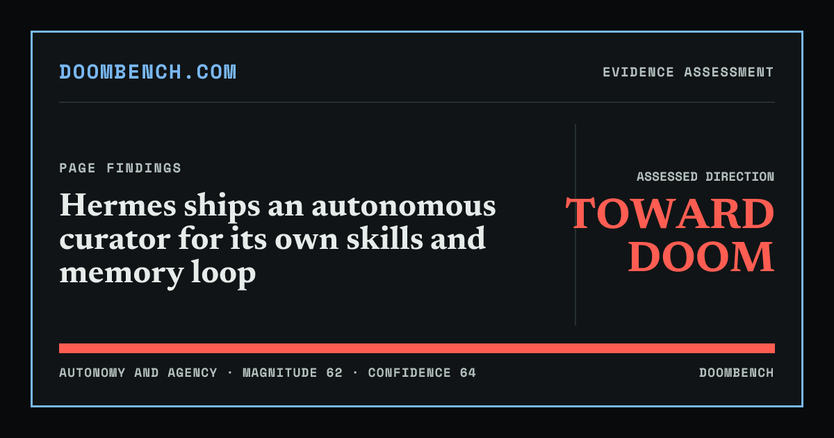 DoomBench social sharing card for Hermes ships an autonomous curator for its own skills and memory loop.