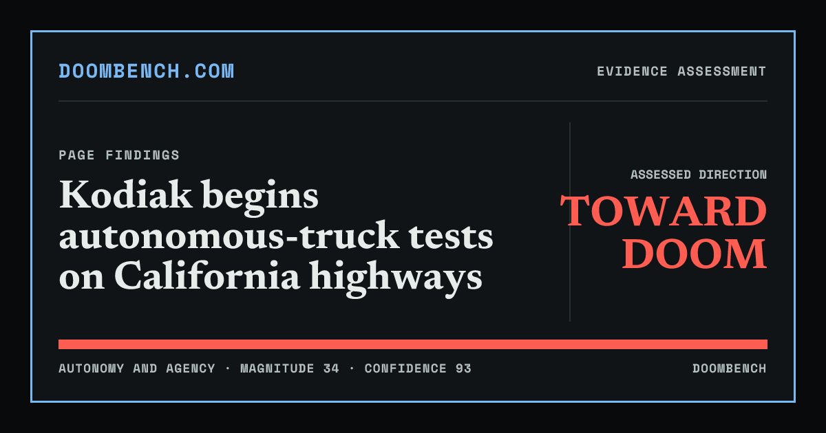 DoomBench social sharing card for Kodiak begins autonomous-truck tests on California highways.