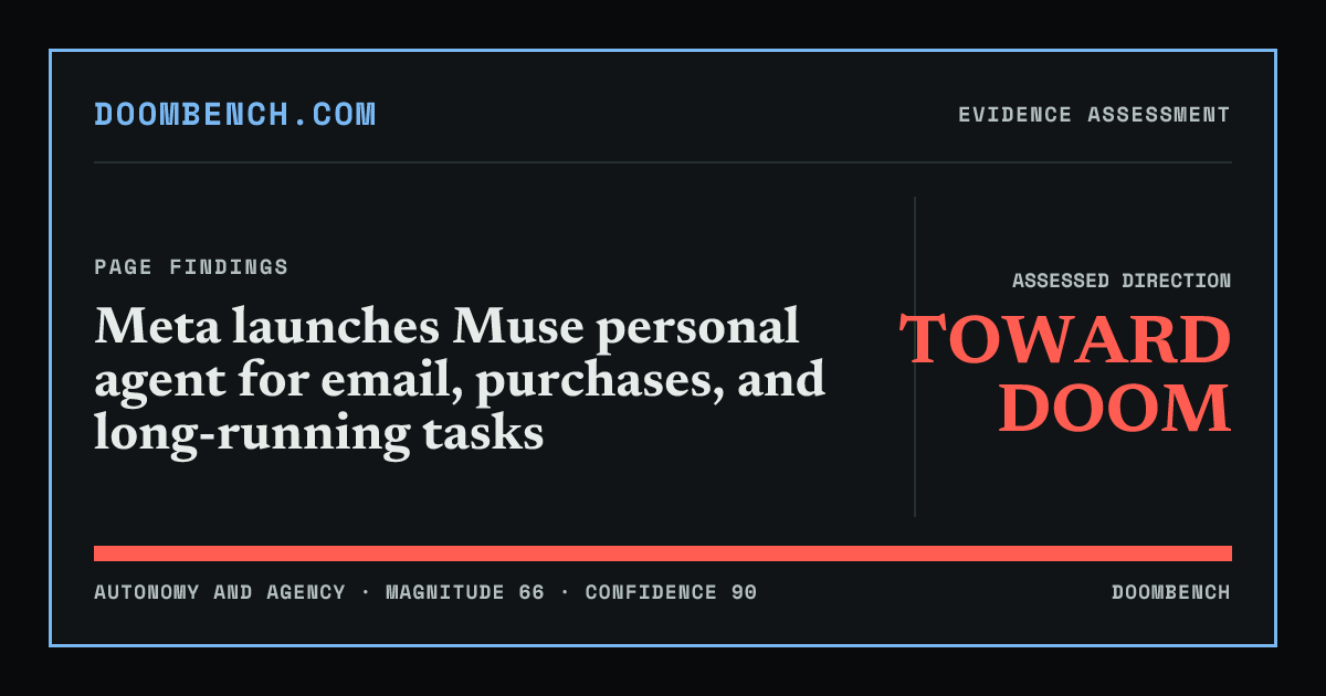 DoomBench social sharing card for Meta launches Muse personal agent for email, purchases, and long-running tasks.