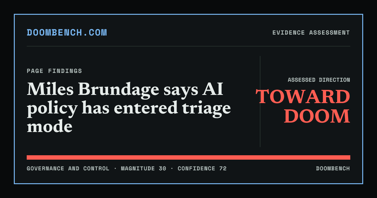 DoomBench social sharing card for Miles Brundage says AI policy has entered triage mode.