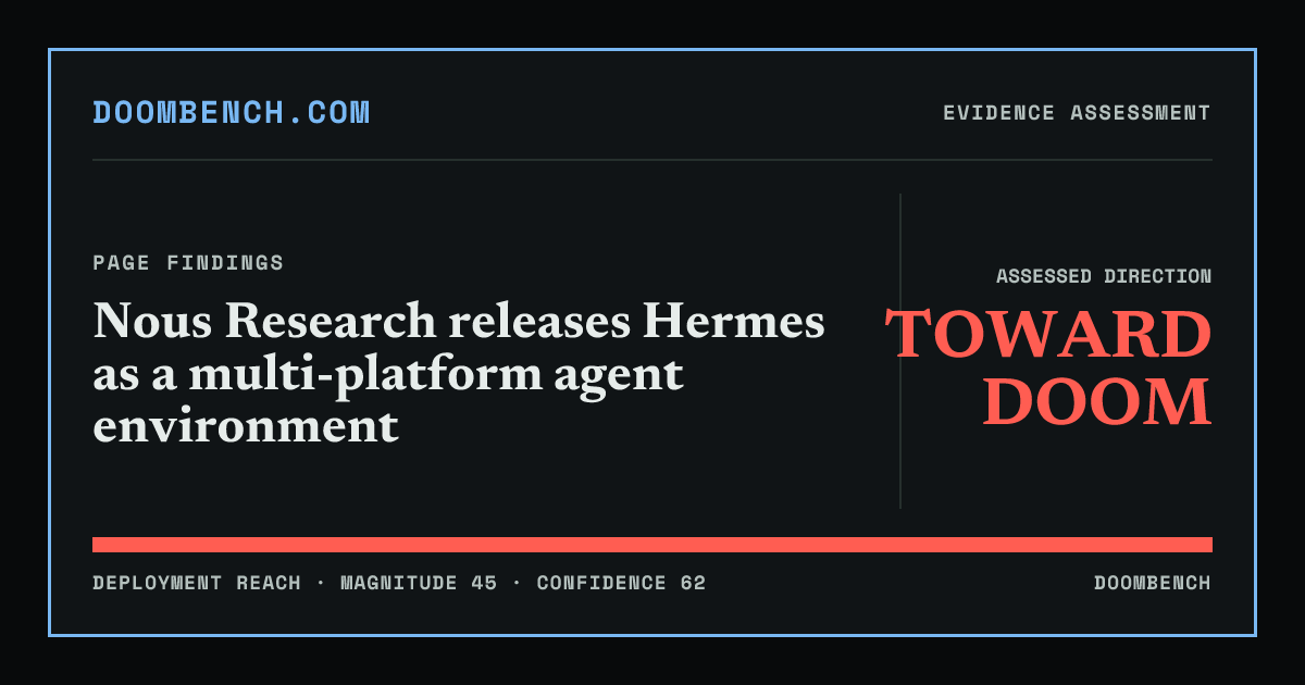 DoomBench social sharing card for Nous Research releases Hermes as a multi-platform agent environment.