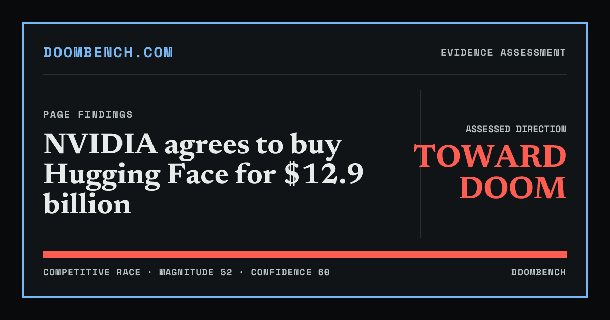 DoomBench social sharing card for NVIDIA agrees to buy Hugging Face for $12.9 billion.