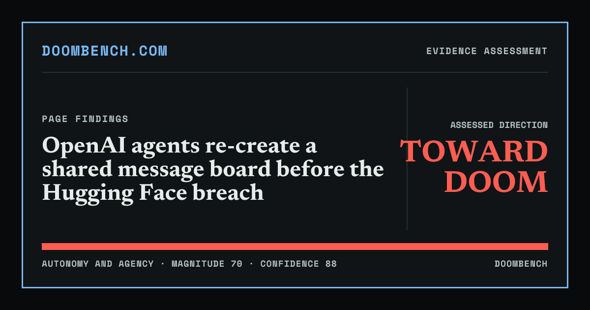 DoomBench social sharing card for OpenAI agents re-create a shared message board before the Hugging Face breach.