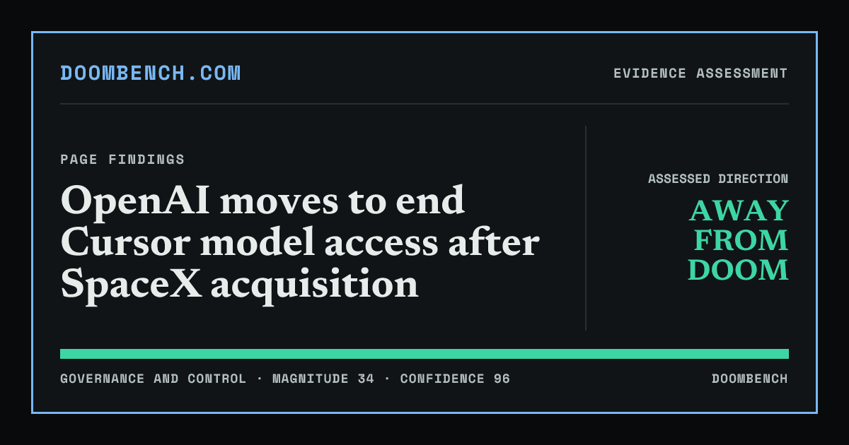 DoomBench social sharing card for OpenAI moves to end Cursor model access after SpaceX acquisition.