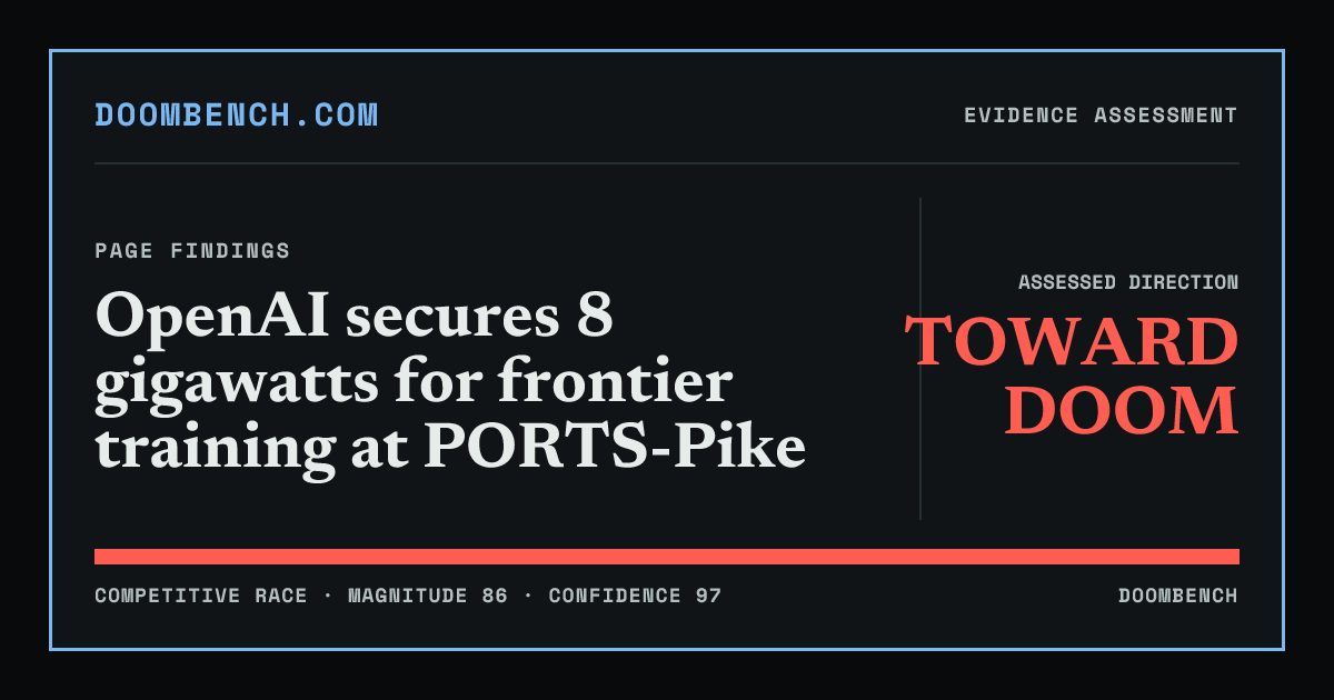 DoomBench social sharing card for OpenAI secures 8 gigawatts for frontier training at PORTS-Pike.