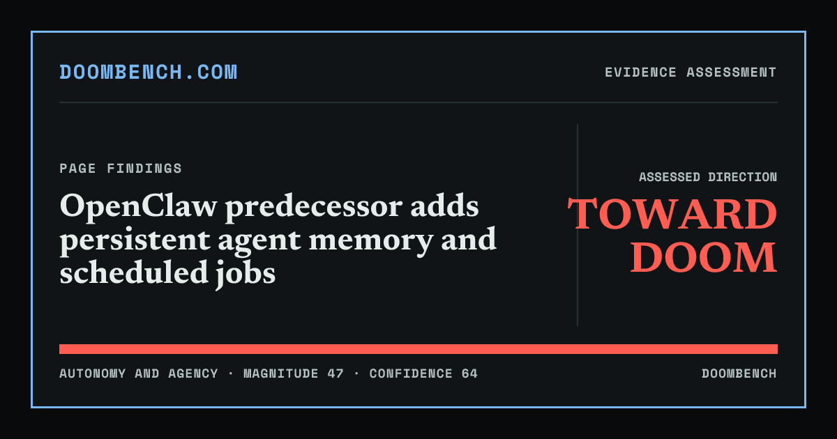 DoomBench social sharing card for OpenClaw predecessor adds persistent agent memory and scheduled jobs.