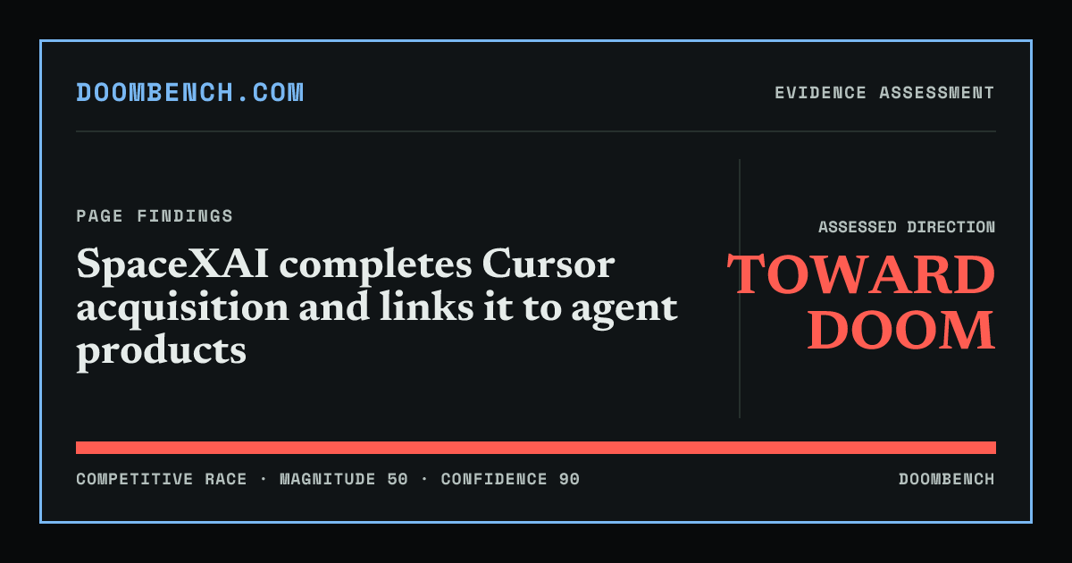 DoomBench social sharing card for SpaceXAI completes Cursor acquisition and links it to agent products.