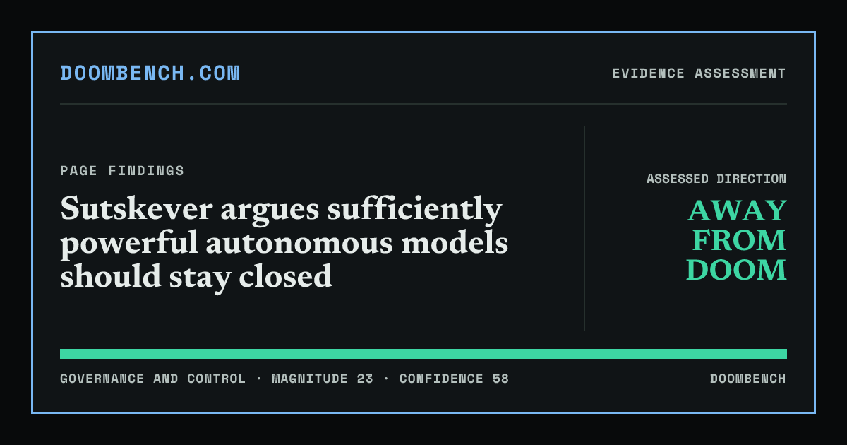DoomBench social sharing card for Sutskever argues sufficiently powerful autonomous models should stay closed.