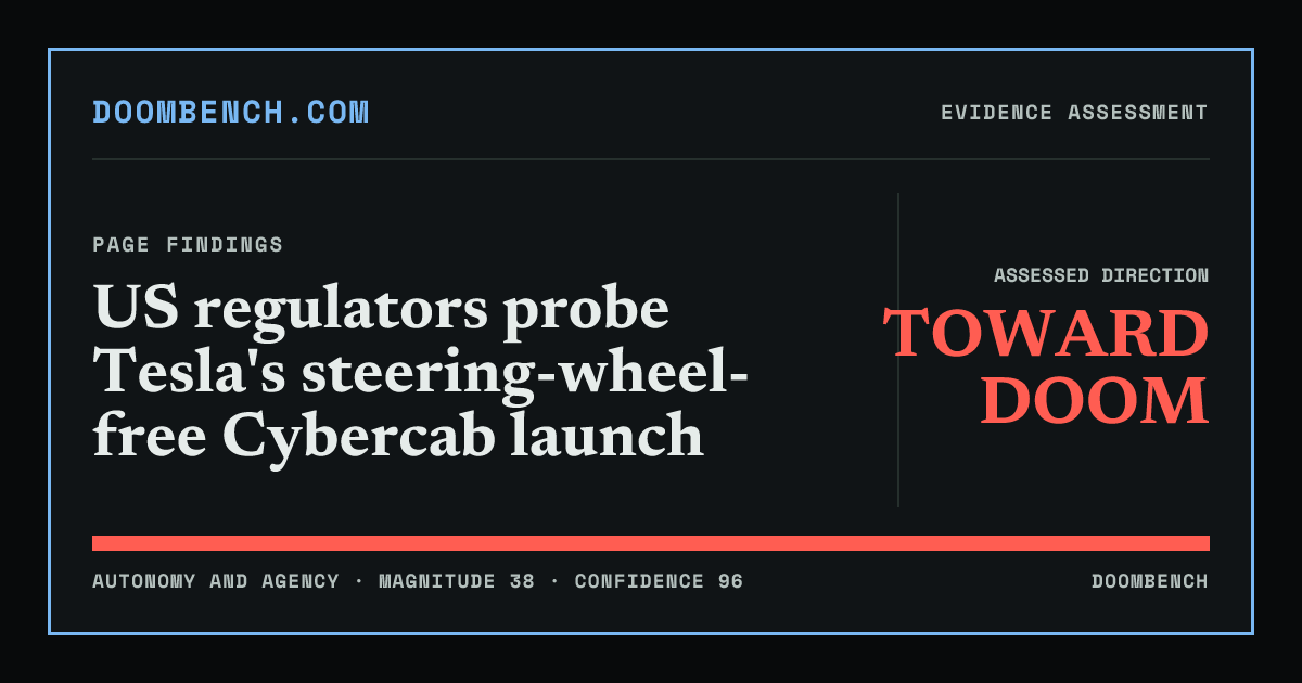 DoomBench social sharing card for US regulators probe Tesla's steering-wheel-free Cybercab launch.