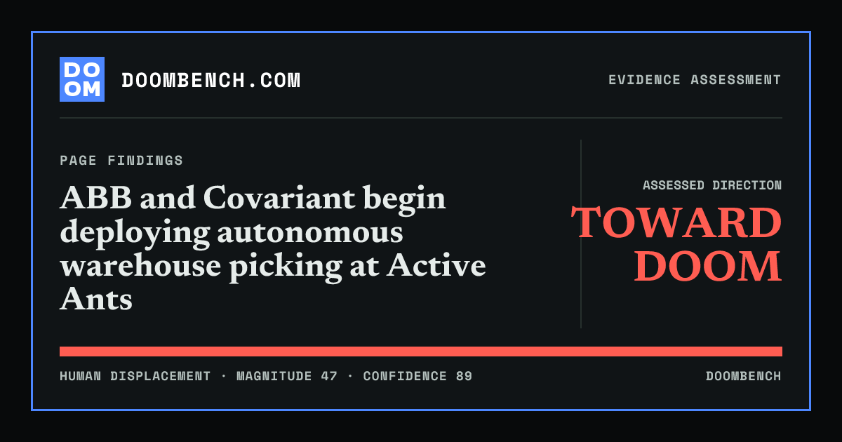 DoomBench social sharing card for ABB and Covariant begin deploying autonomous warehouse picking at Active Ants.