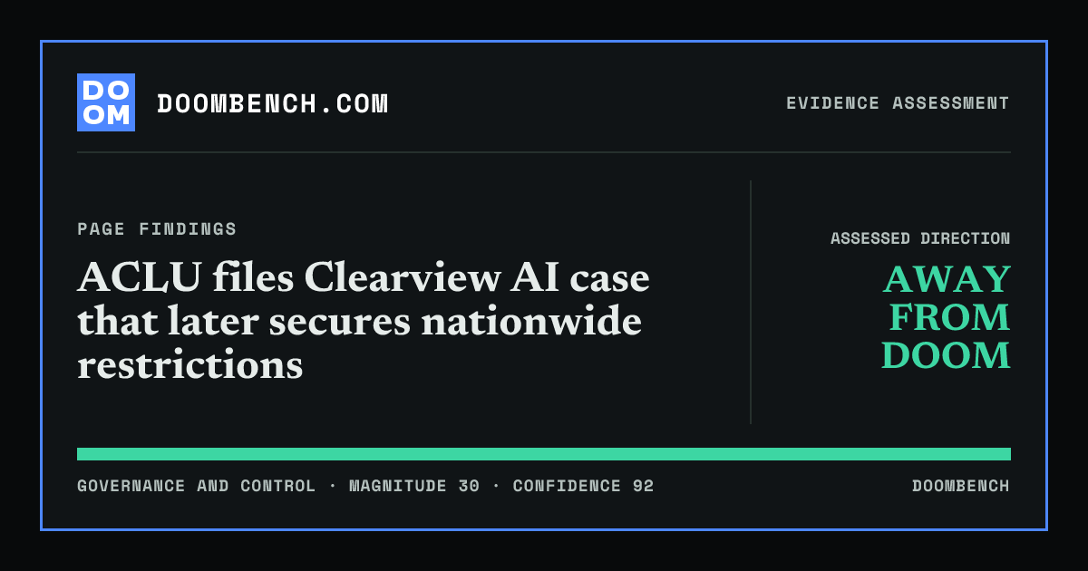 DoomBench social sharing card for ACLU files Clearview AI case that later secures nationwide restrictions.