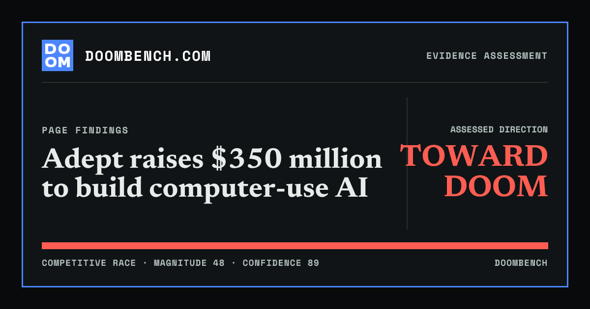 DoomBench social sharing card for Adept raises $350 million to build computer-use AI.