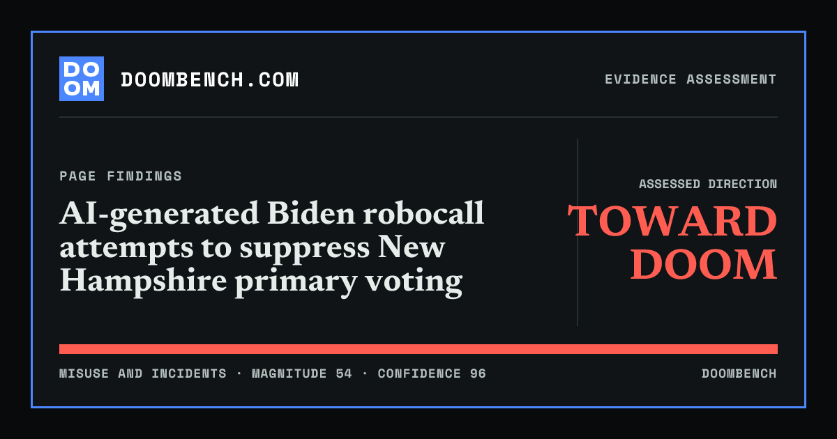 DoomBench social sharing card for AI-generated Biden robocall attempts to suppress New Hampshire primary voting.