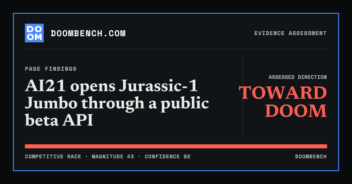 DoomBench social sharing card for AI21 opens Jurassic-1 Jumbo through a public beta API.