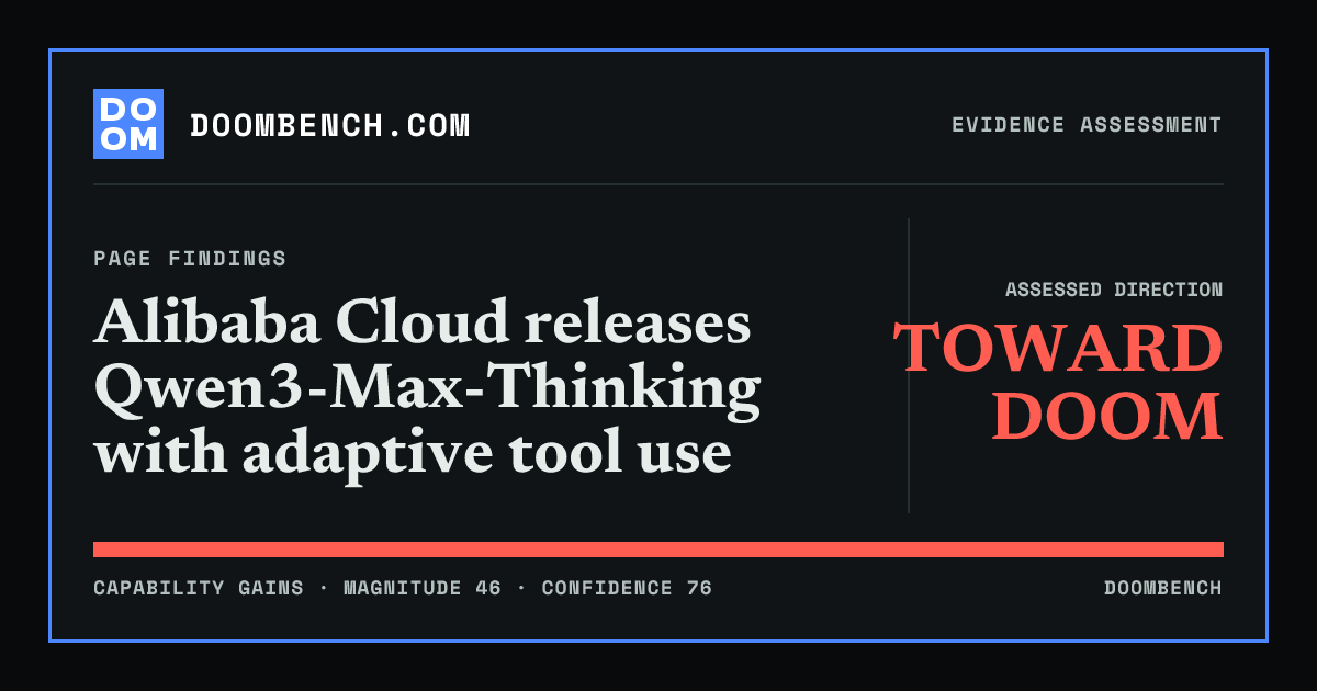 DoomBench social sharing card for Alibaba Cloud releases Qwen3-Max-Thinking with adaptive tool use.