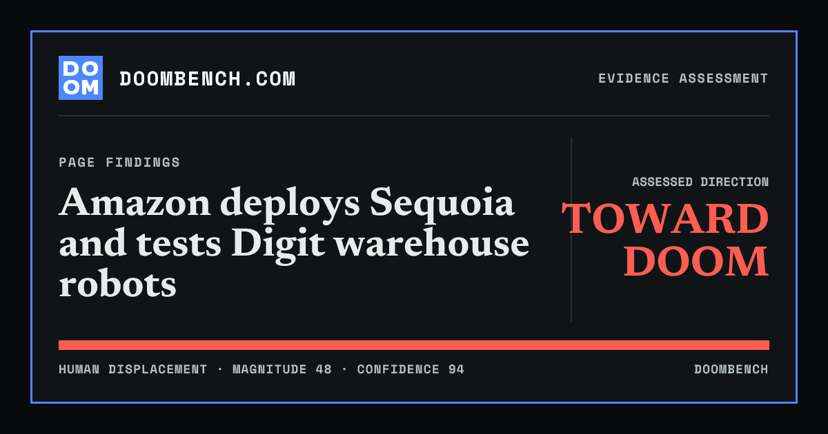 DoomBench social sharing card for Amazon deploys Sequoia and tests Digit warehouse robots.