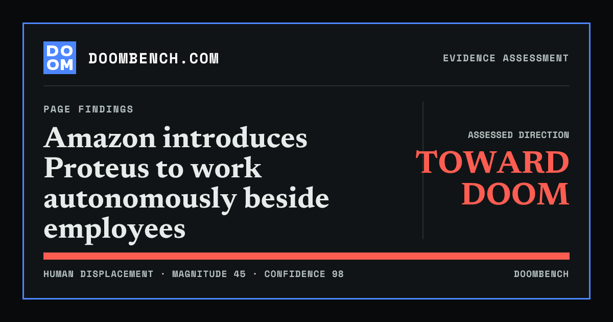 DoomBench social sharing card for Amazon introduces Proteus to work autonomously beside employees.