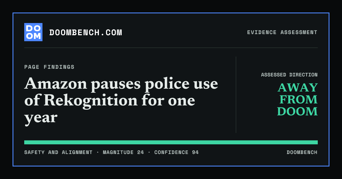 DoomBench social sharing card for Amazon pauses police use of Rekognition for one year.