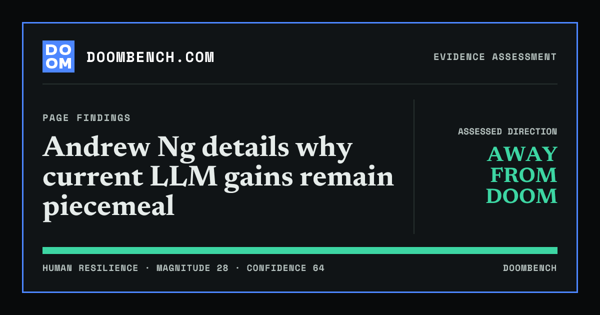 DoomBench social sharing card for Andrew Ng details why current LLM gains remain piecemeal.