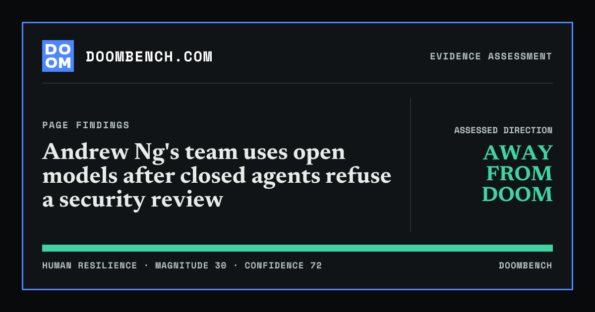 DoomBench social sharing card for Andrew Ng's team uses open models after closed agents refuse a security review.
