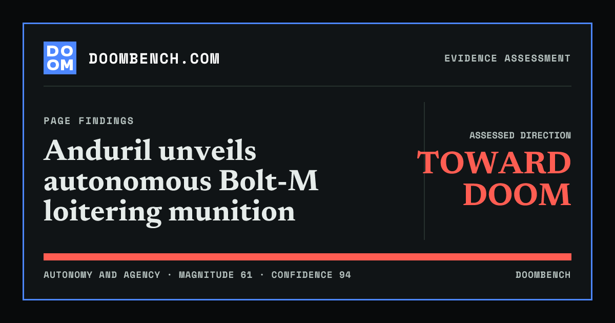 DoomBench social sharing card for Anduril unveils autonomous Bolt-M loitering munition.