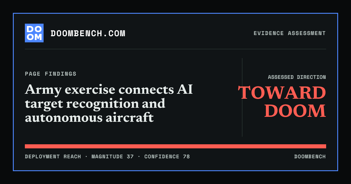 DoomBench social sharing card for Army exercise connects AI target recognition and autonomous aircraft.
