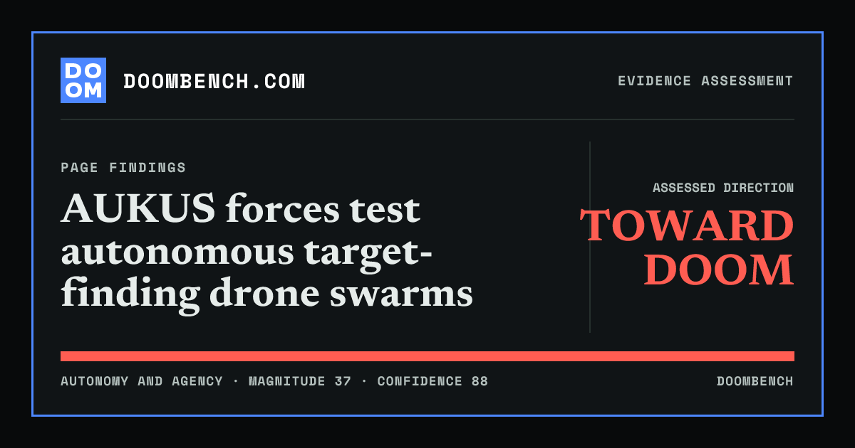 DoomBench social sharing card for AUKUS forces test autonomous target-finding drone swarms.