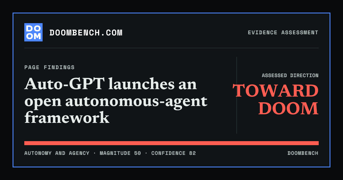 DoomBench social sharing card for Auto-GPT launches an open autonomous-agent framework.