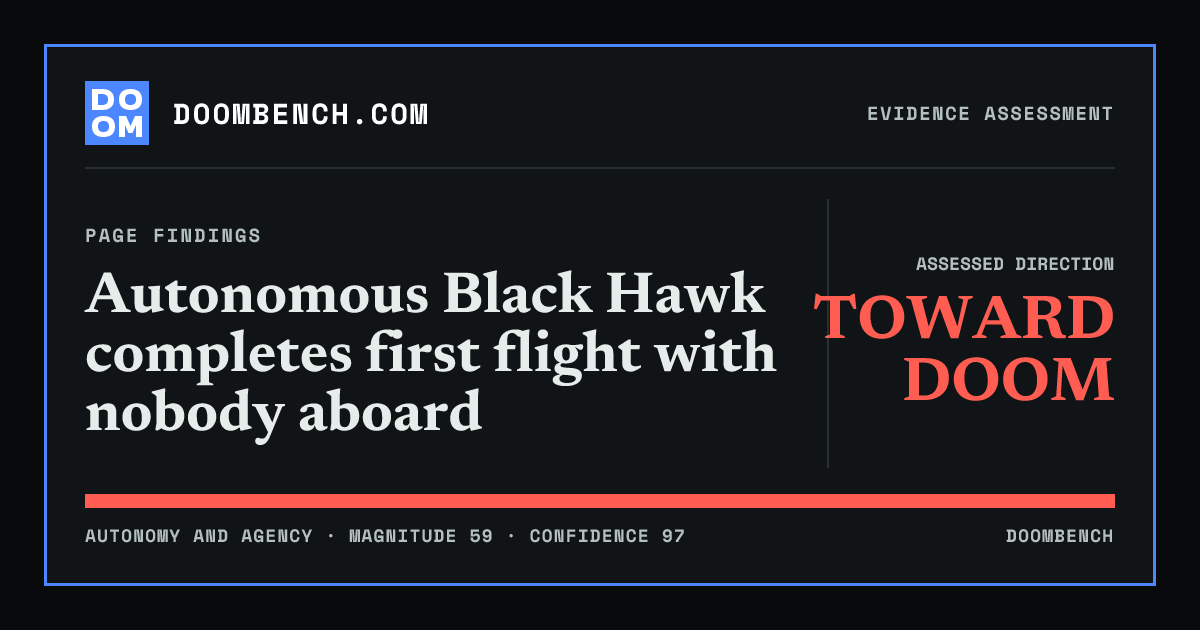DoomBench social sharing card for Autonomous Black Hawk completes first flight with nobody aboard.