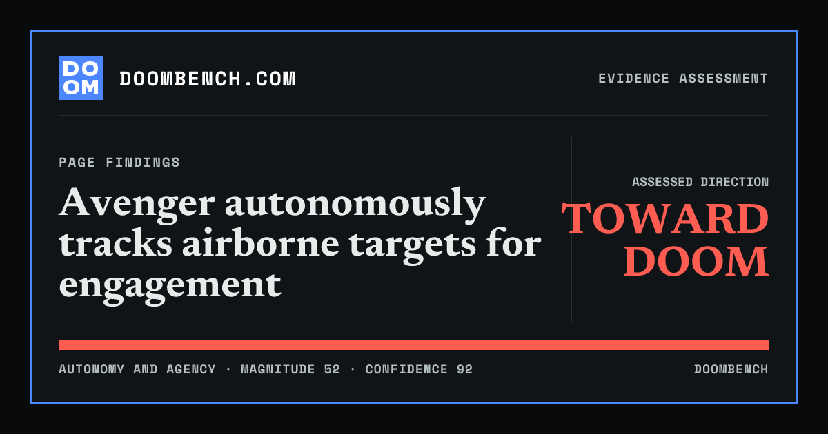 DoomBench social sharing card for Avenger autonomously tracks airborne targets for engagement.