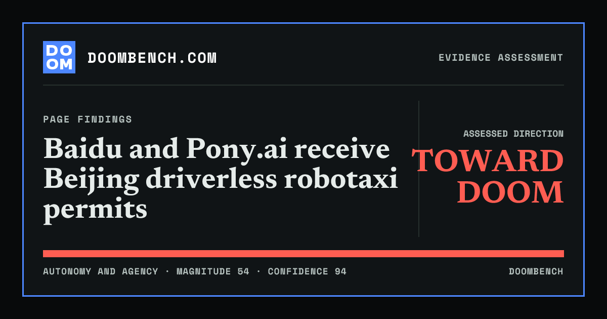DoomBench social sharing card for Baidu and Pony.ai receive Beijing driverless robotaxi permits.