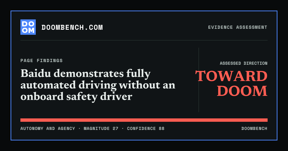 DoomBench social sharing card for Baidu demonstrates fully automated driving without an onboard safety driver.