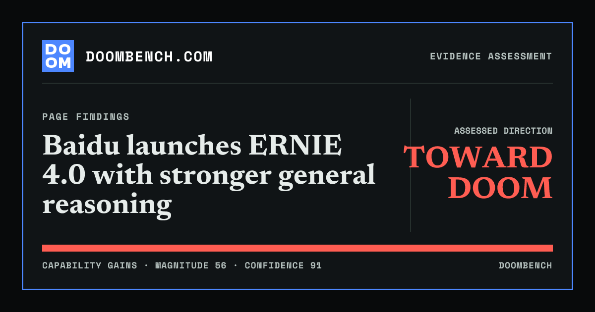 DoomBench social sharing card for Baidu launches ERNIE 4.0 with stronger general reasoning.