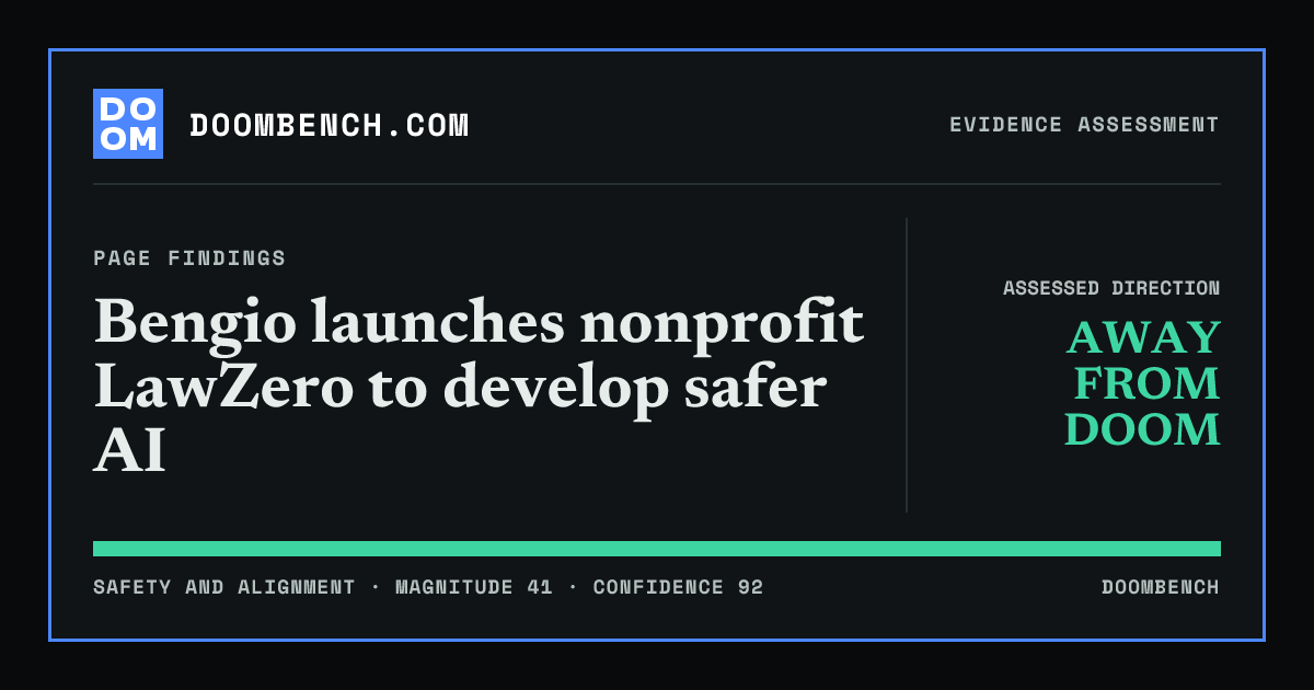 DoomBench social sharing card for Bengio launches nonprofit LawZero to develop safer AI.
