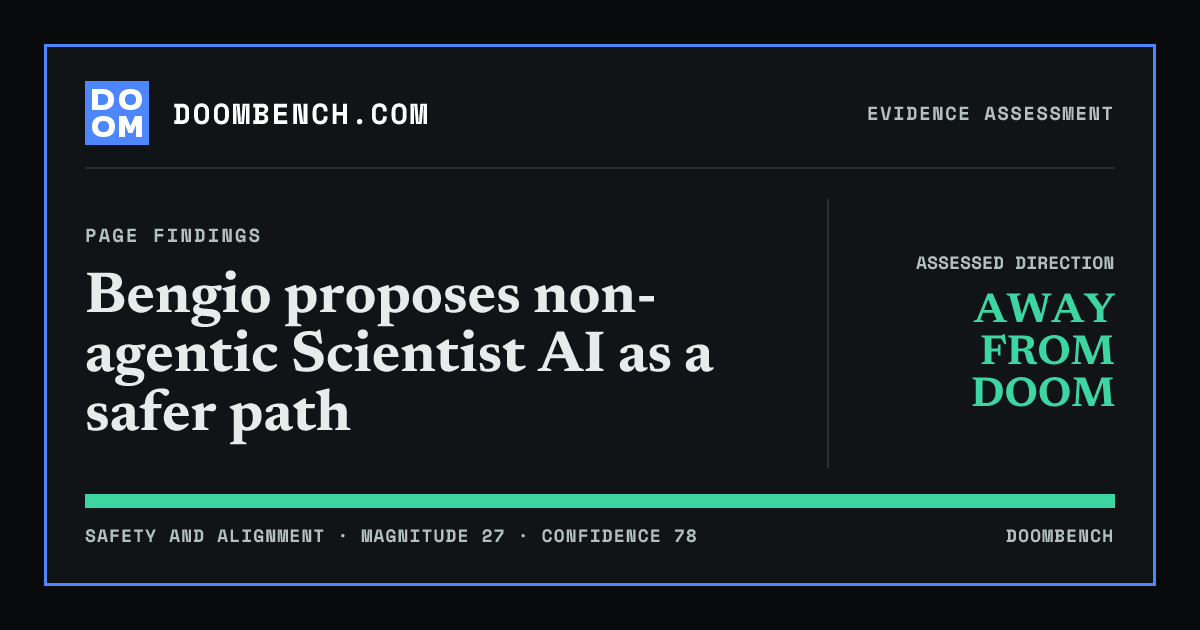 DoomBench social sharing card for Bengio proposes non-agentic Scientist AI as a safer path.
