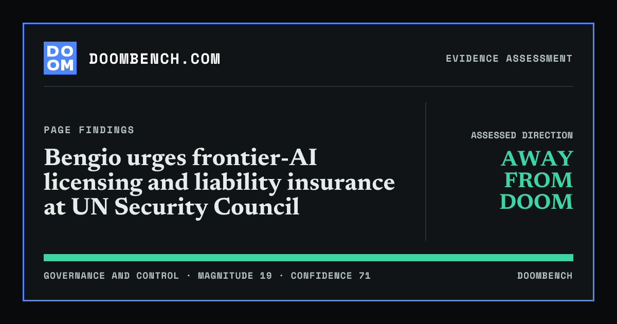 DoomBench social sharing card for Bengio urges frontier-AI licensing and liability insurance at UN Security Council.