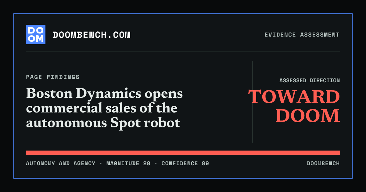 DoomBench social sharing card for Boston Dynamics opens commercial sales of the autonomous Spot robot.