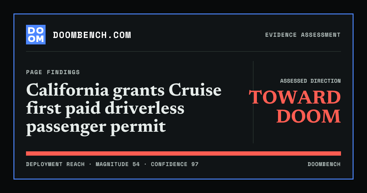DoomBench social sharing card for California grants Cruise first paid driverless passenger permit.