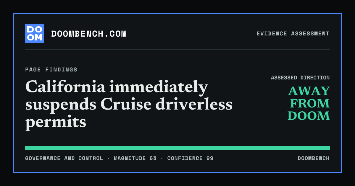 DoomBench social sharing card for California immediately suspends Cruise driverless permits.